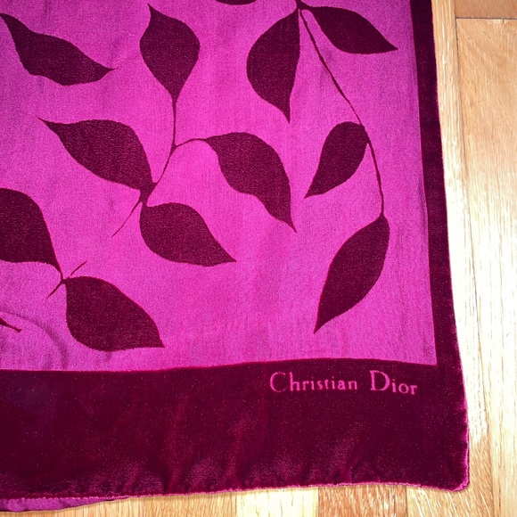 Vintage Christian Dior Silk Velvet Neck Scarf 62” Long x 16" Leaf Motif Fuschia - Picture 1 of 5